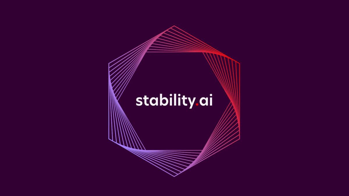 Дисплей с логотипом stability.ai на синем фоне