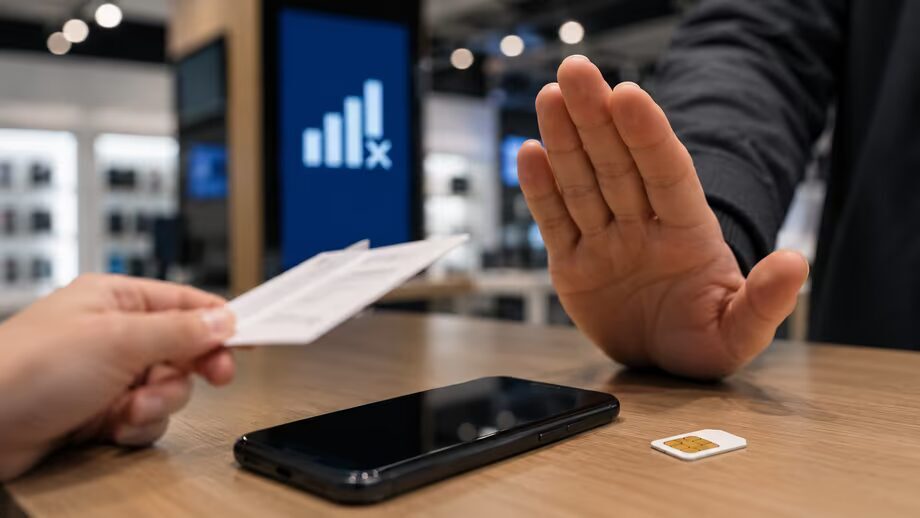 Мужчина показывает запрет руками за мобильный смартфон и SIM-карту