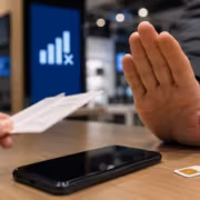 Мужчина показывает запрет руками за мобильный смартфон и SIM-карту