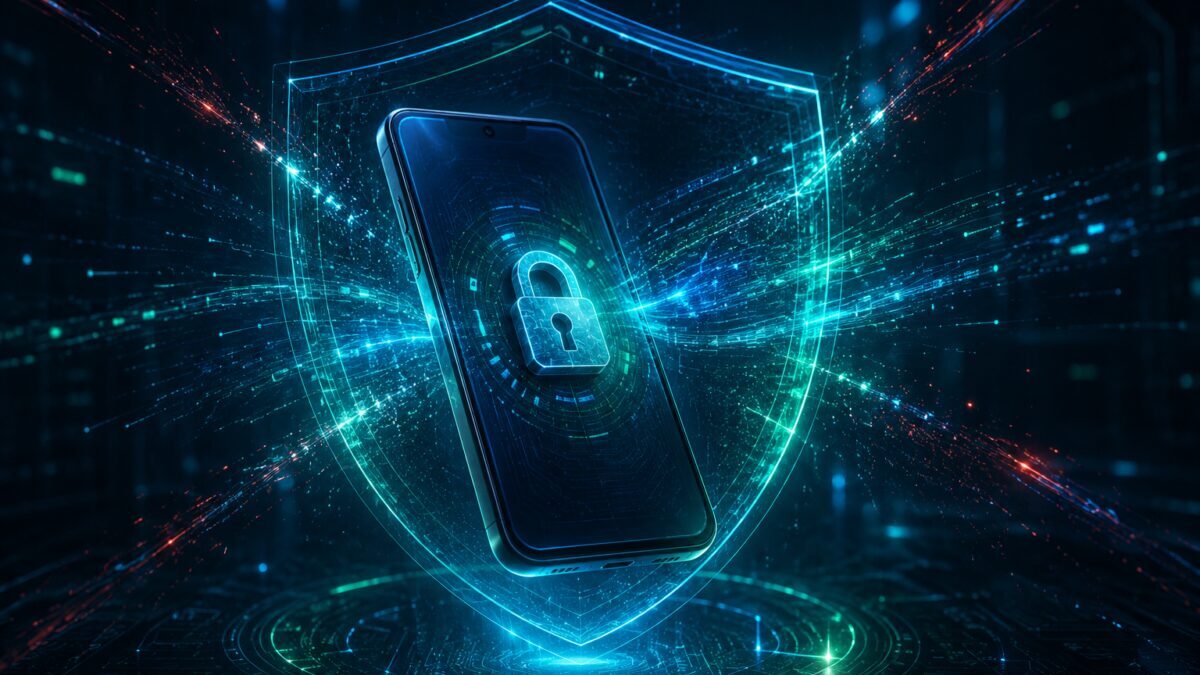Смартфон с замком и цифровыми линиями на экране Касперского