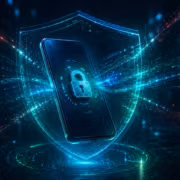 Смартфон с замком и цифровыми линиями на экране Касперского