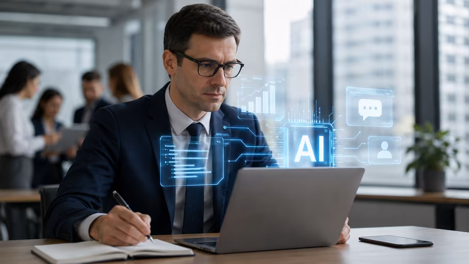 Человек в деловом костюме работает за ноутбуком с AI обсуждение Минцифры