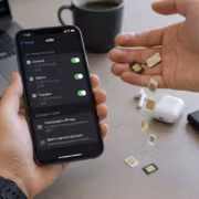 Голова человека с телефоном и сим-картами eSIM