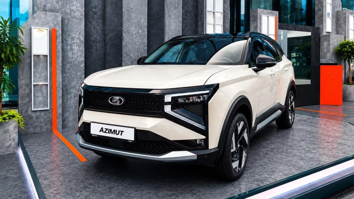 белый кроссовер Lada Azimut в выставочном помещении
