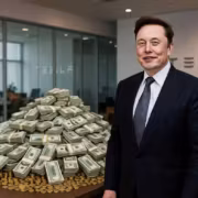 Мужчина в костюме рядом с денежным стеском SpaceX IPO
