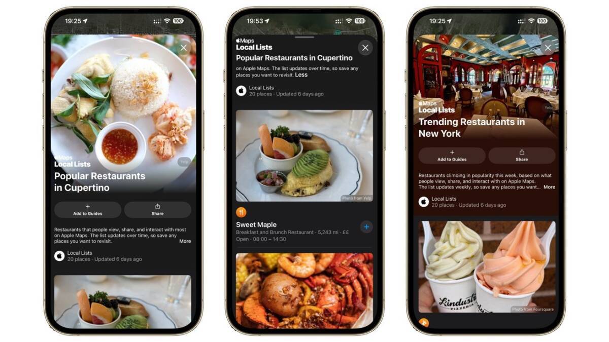 Экраны iPhone с обновлёнными картами Apple и списками популярных ресторанов в Купертино и Нью-Йорке