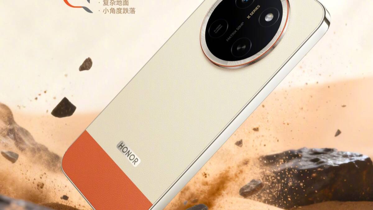 Рекламный постер Honor X80 Pro Max 5G с изображением телефона песочном фоне