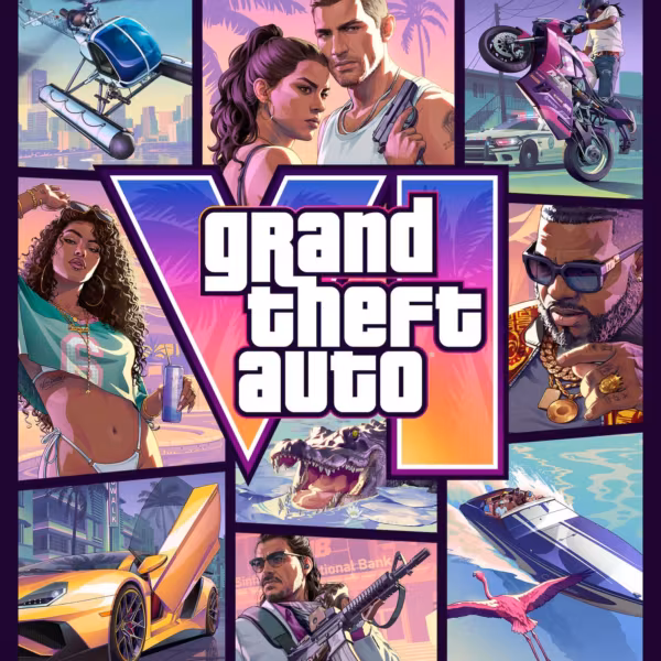 Обложка игры GTA VI Rockstar с авто и персонажами
