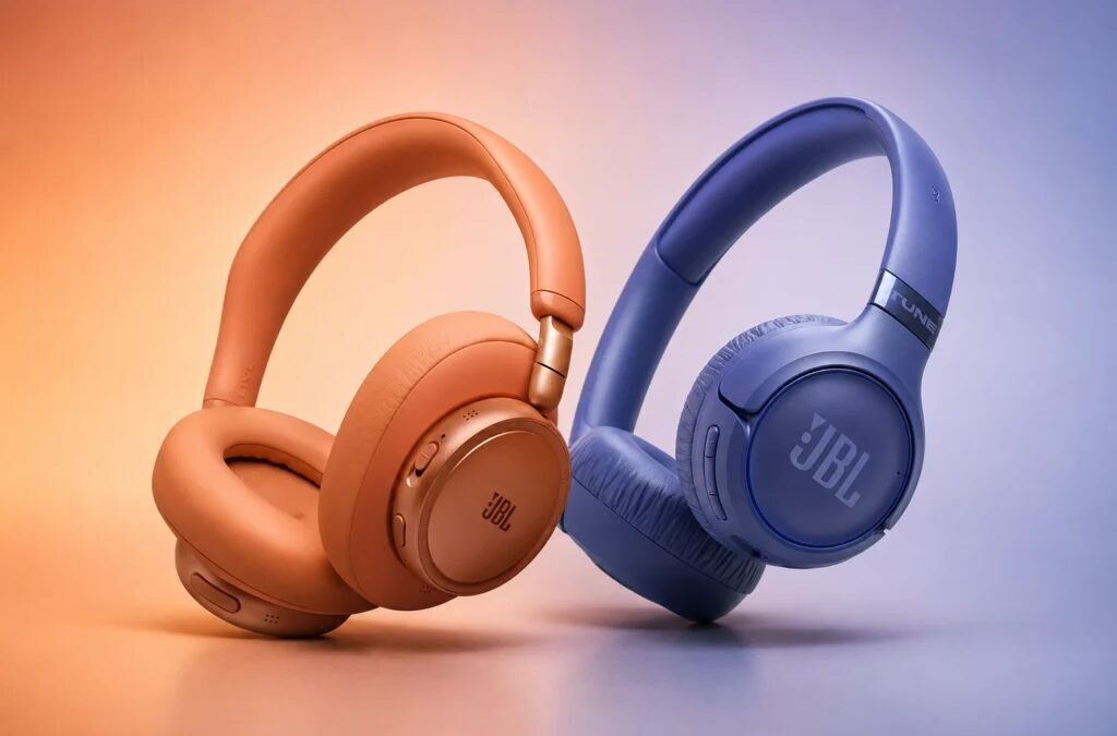 Цветные наушники JBL Live 780NC и 680NC на фоне градиента