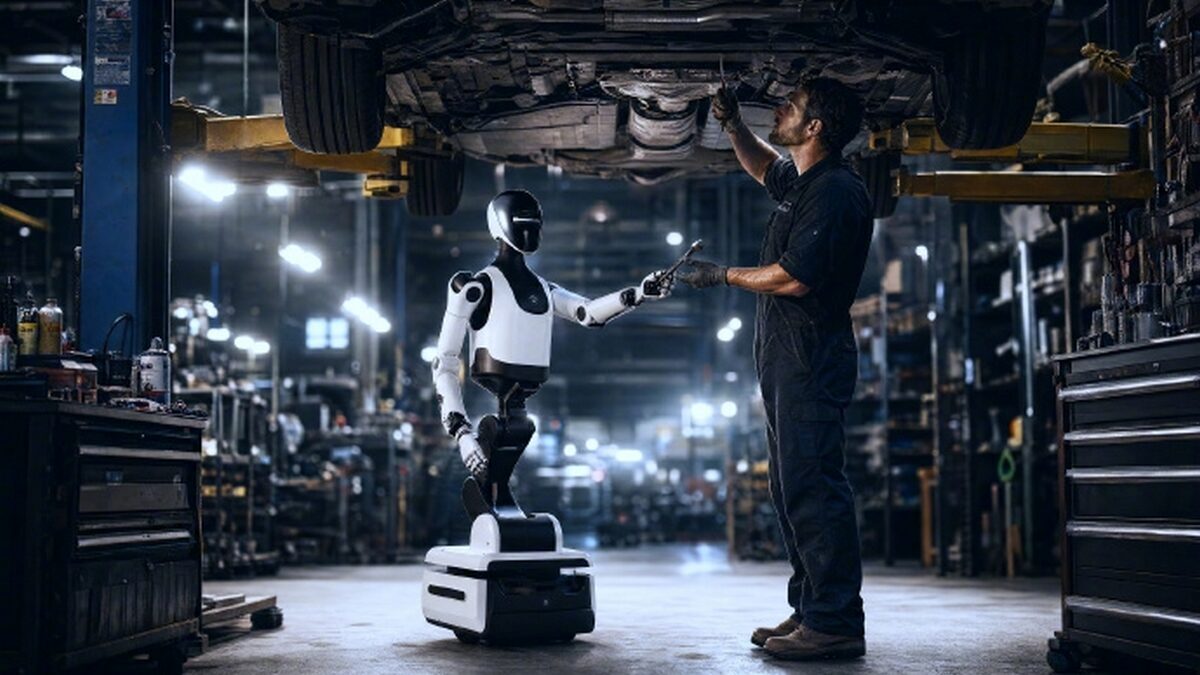 Робот Faber и техник в автосервисе Faraday Future