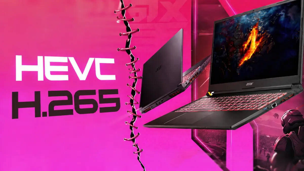 Ноутбук Acer через разлом в экране с надписью HEVC H.265