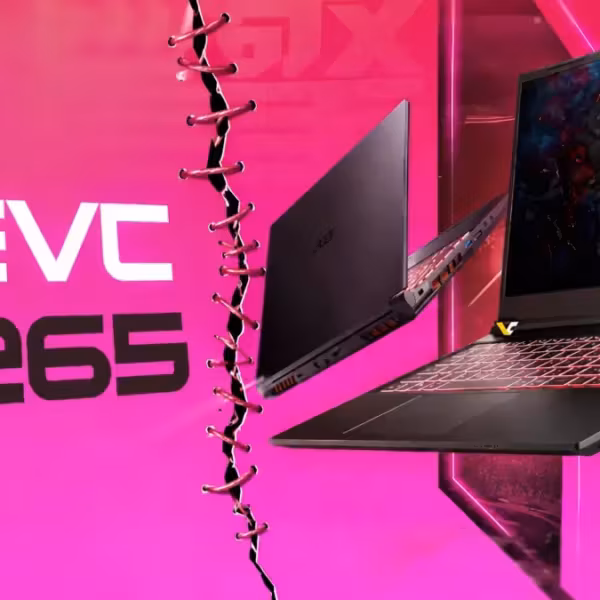 Ноутбук Acer через разлом в экране с надписью HEVC H.265