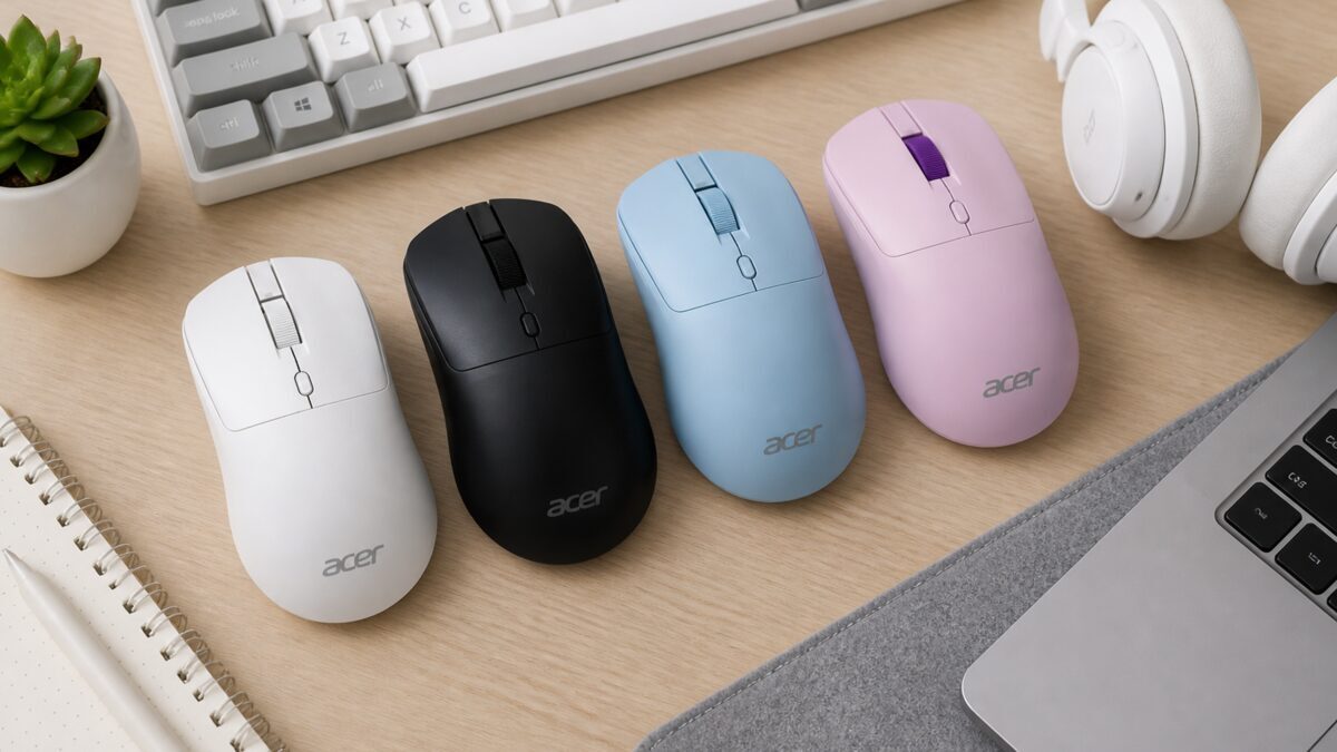 3 мышки Acer OMR501 разных цветов рядом с клавиатурой и наушниками на столе