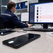 Мужчина работает за компьютером в офисе с несколькими смартфонами и планшетами