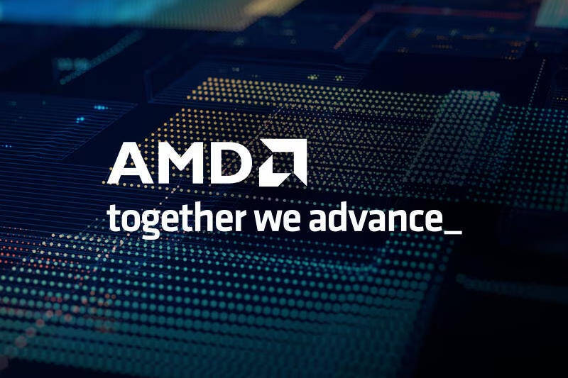 Логотип AMD с надписью together we advance на технологическом фоне