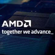 Логотип AMD с надписью together we advance на технологическом фоне
