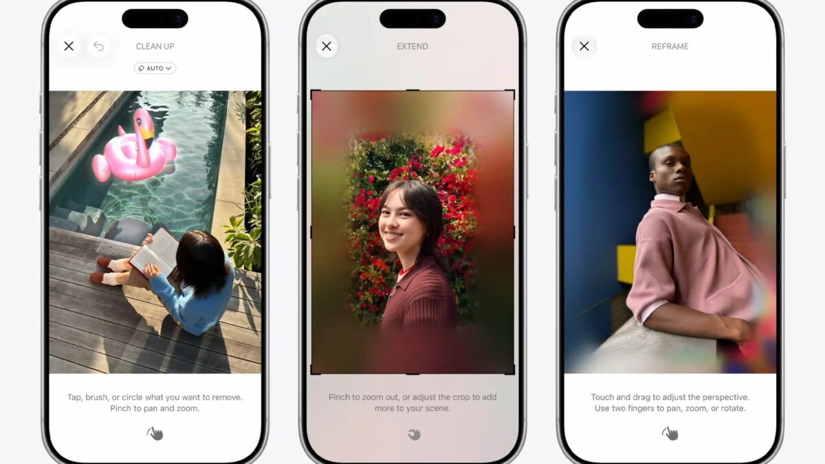 Экран телефона iPhone с редактурой фотографий с помощью AI функции