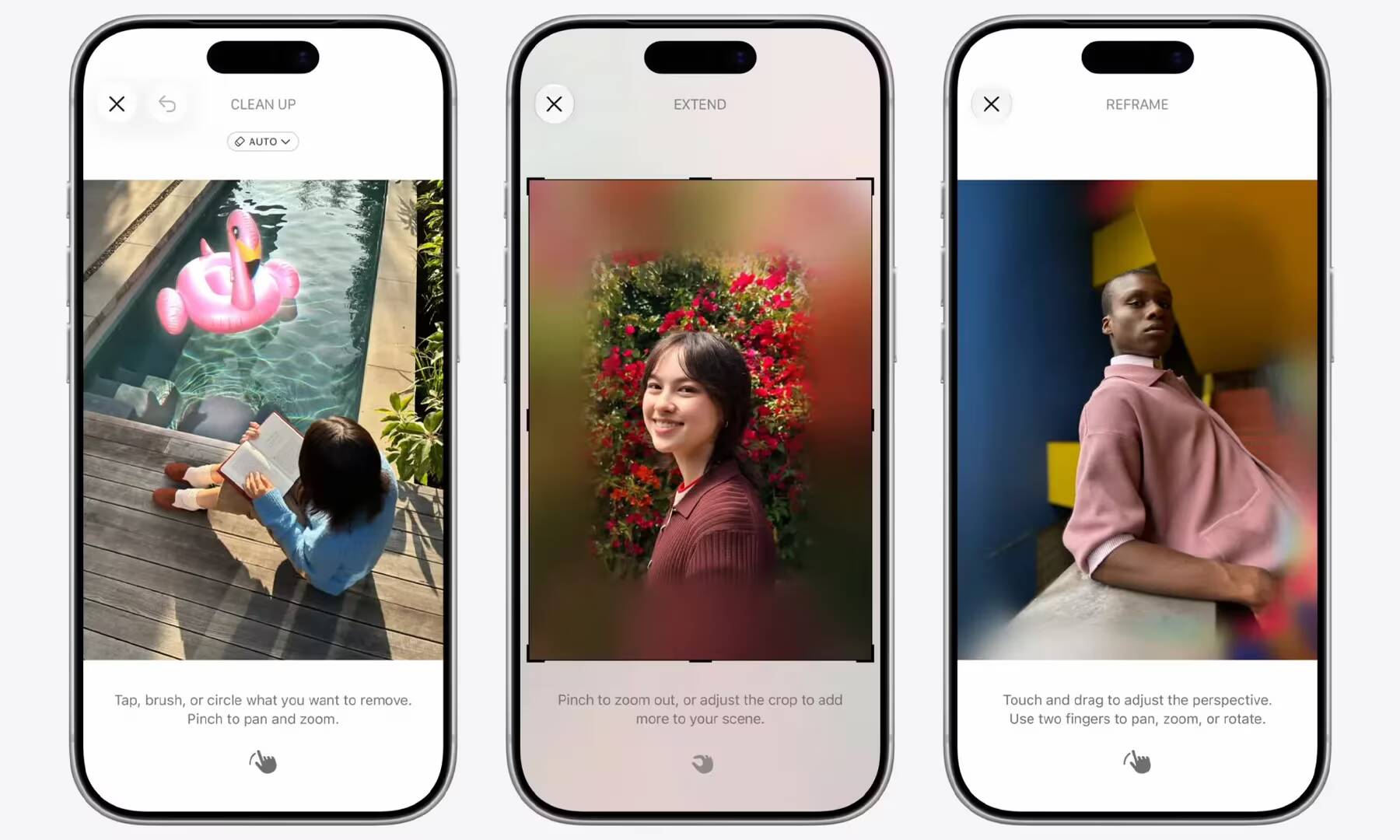 Экран телефона iPhone с редактурой фотографий с помощью AI функции