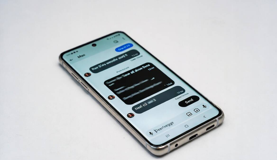 Смартфон Samsung Galaxy S21, мессенджер Max на экране, браузер Telegram, сообщение с голосовой почтой
