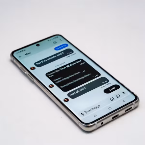 Смартфон Samsung Galaxy S21, мессенджер Max на экране, браузер Telegram, сообщение с голосовой почтой