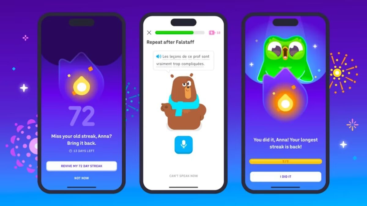 Экран приложения Duolingo, три смартфона, пользовательский интерфейс, обучение языкам, победа и стресс, зеленая сова, коричневый медведь