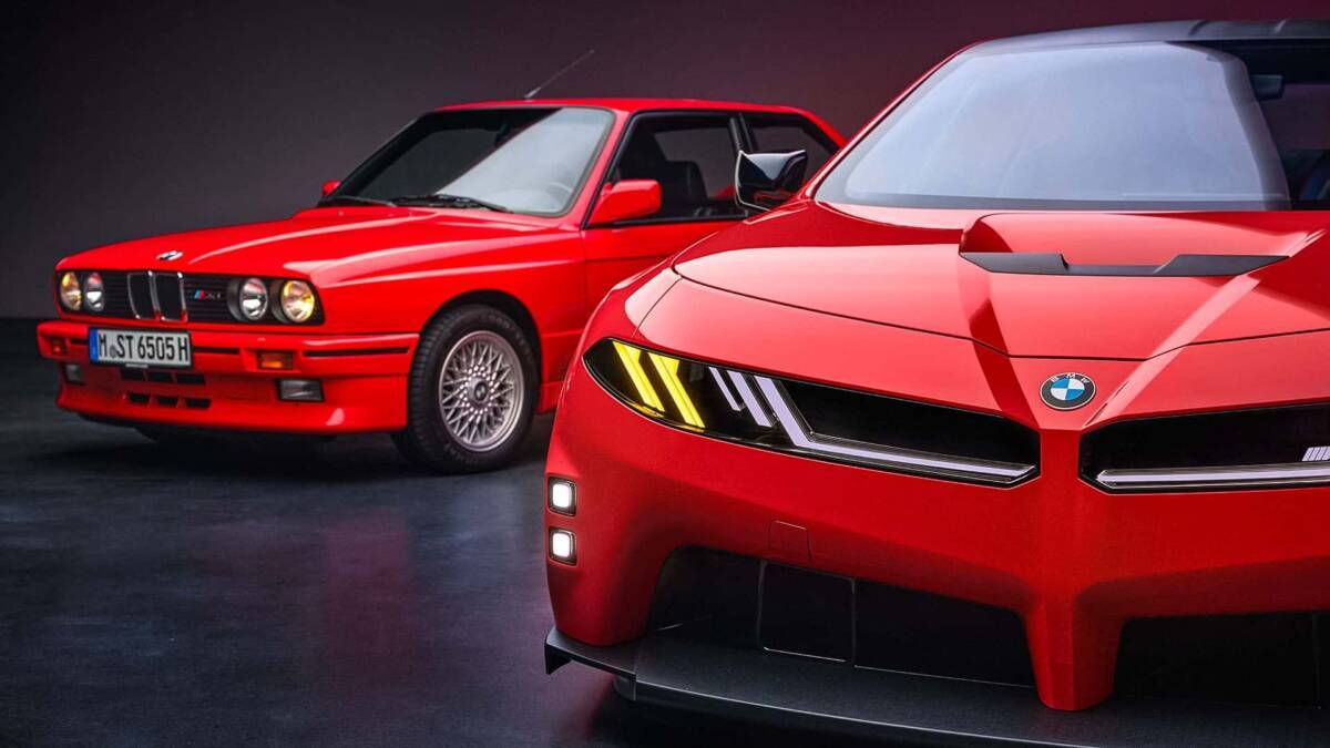 Камера показать два спортивных автомобиля BMW M и BMW электроконцепт BMW M Concept Neue Klasse