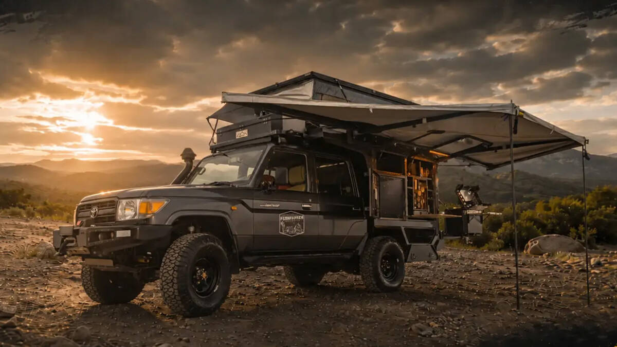 Кемпер Bushwakka Kamelback 4 на базу Land Cruiser 79 на открытой местности во время заката