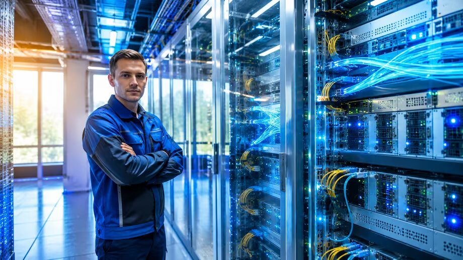 Сотрудник стоит у серверного шкафа с 400G-трансиверами Неорос