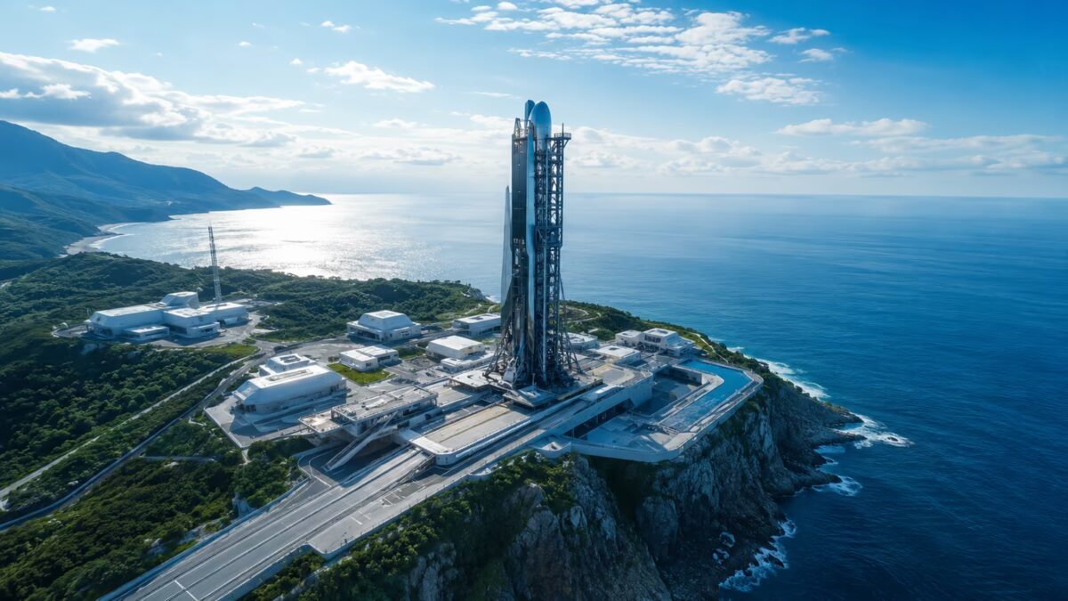 Космодром Space Energy на скалистом берегу моря