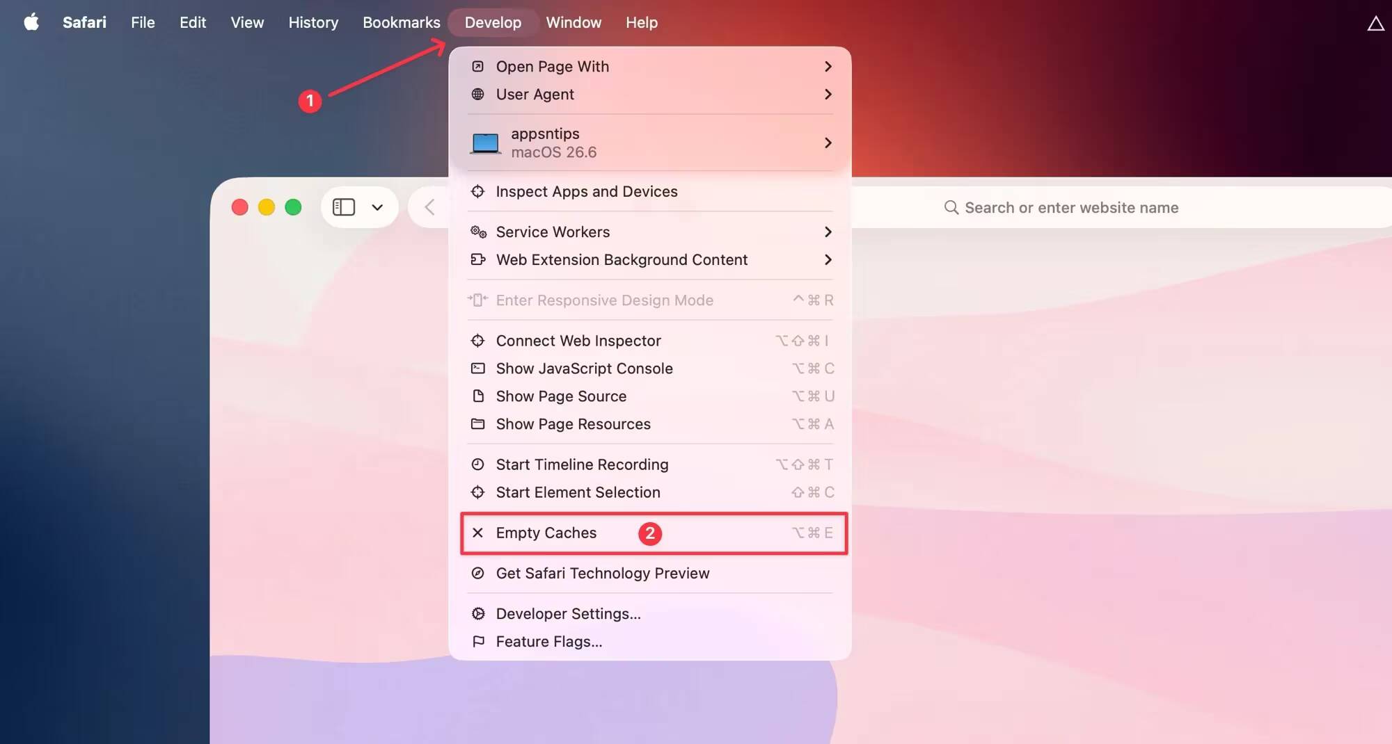 Меню разработки в Safari с выделенной опцией Empty Caches