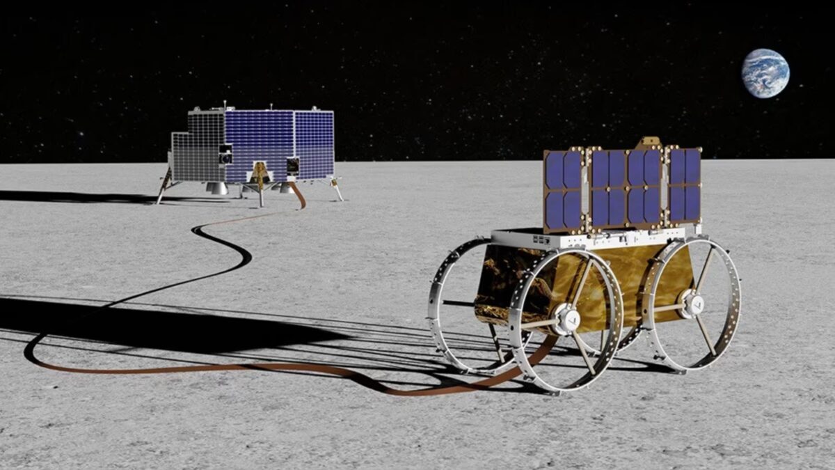 Лунная поверхность с аппаратом Voyager, астронавтом и Землёй