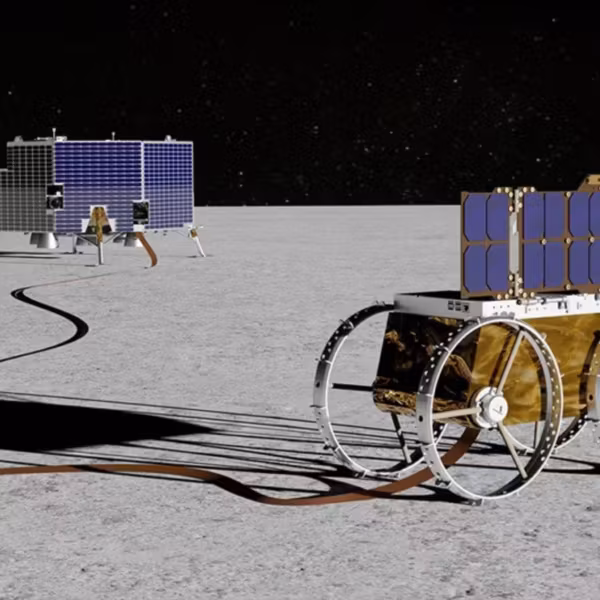 Лунная поверхность с аппаратом Voyager, астронавтом и Землёй