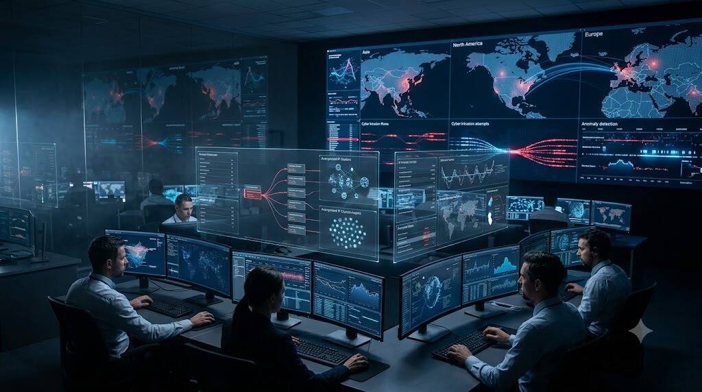Компьютерные специалисты работают за многоэкранной системой защиты ИИ компаний