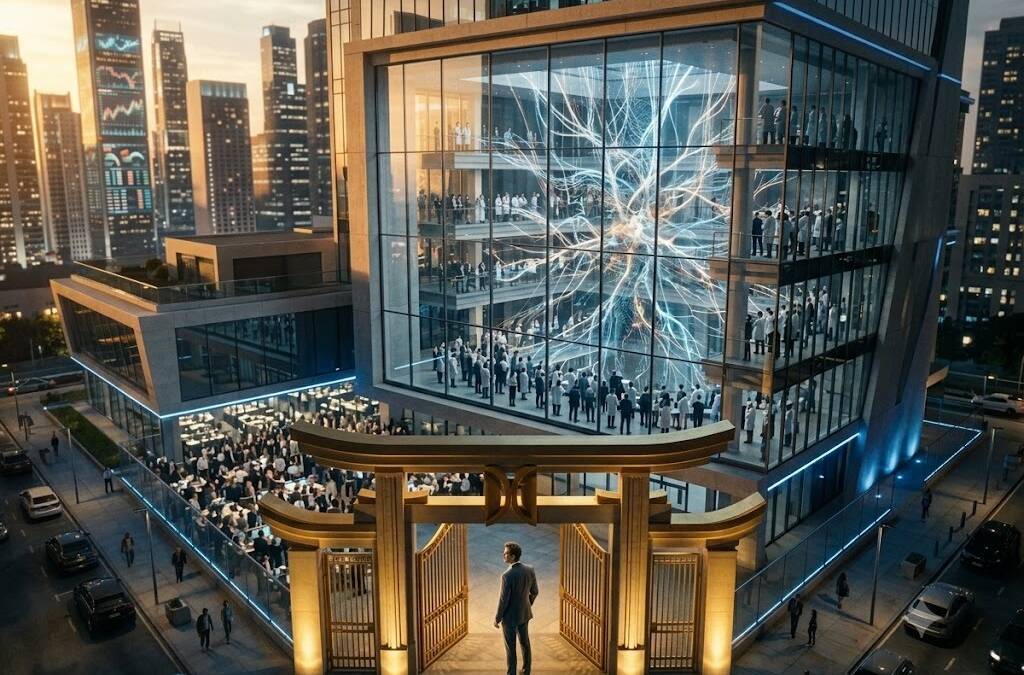 Современный офисное здание OpenAI с стеклянной фасадой и графиком IPO 2027 года