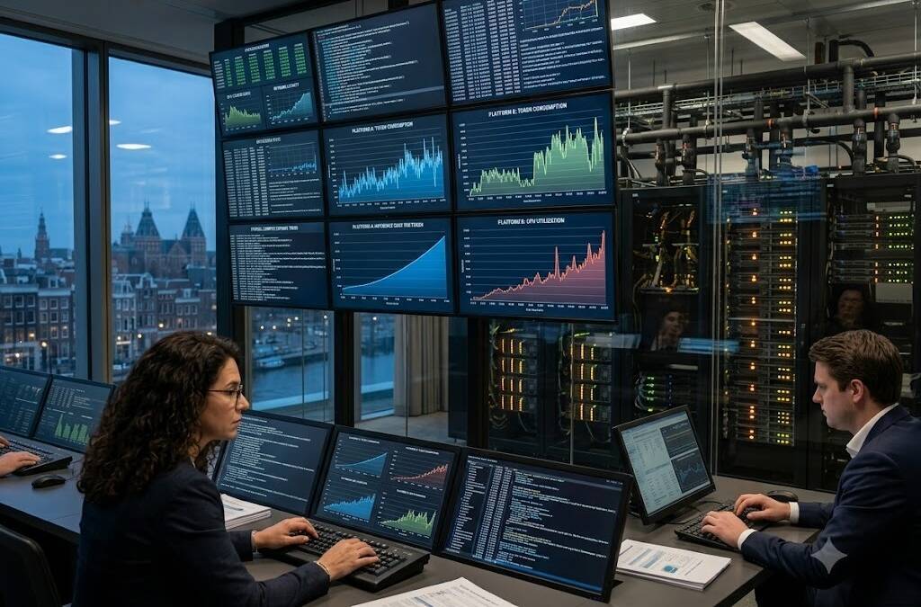 люди в офисе за работой с мониторами и серверным оборудованием