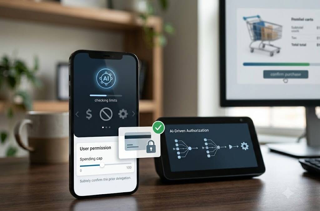 Мобильный телефон с настройками AI-Driven Authorization Веб-сайт на мониторе в фоне