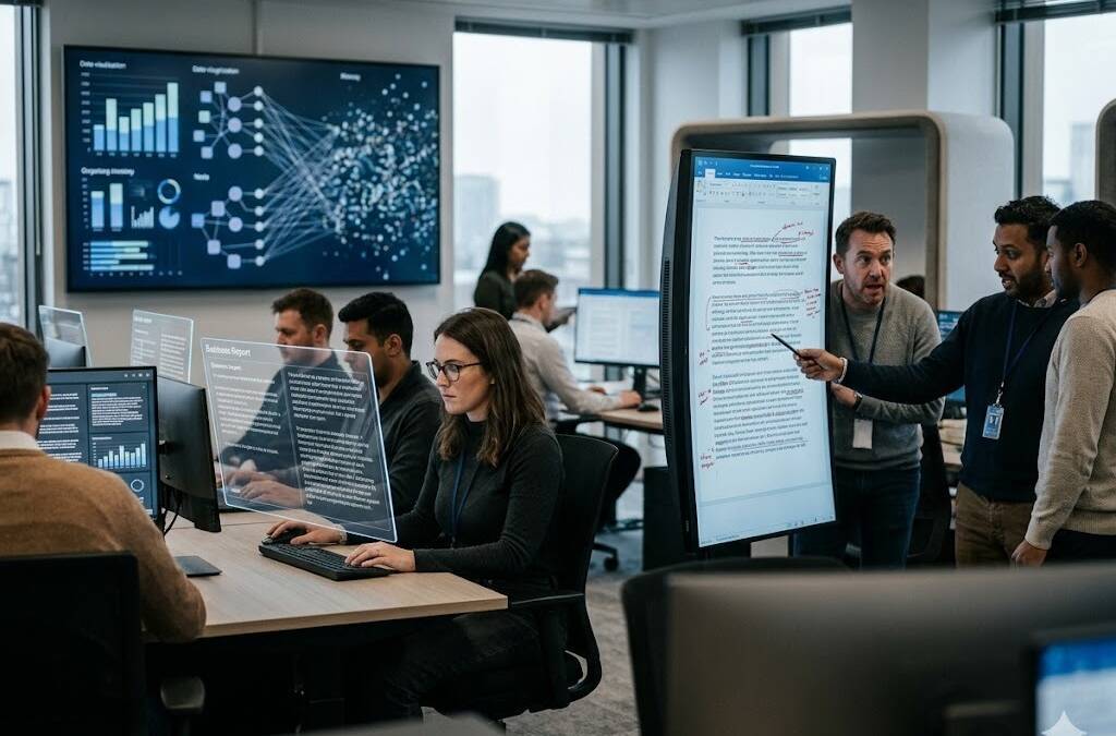 люди работают в офисе со многими мониторами и дисплеями