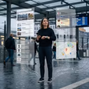 Женщина с телефоном и виртуальными данными алгоритмов Big Tech