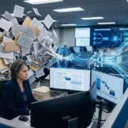 Горящие страницы бумаги и два компьютера с графиками
