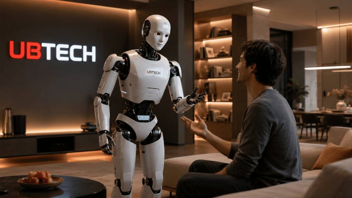 Человек и робот U1 на фоне UBTECH логотипа