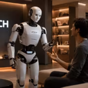 Человек и робот U1 на фоне UBTECH логотипа