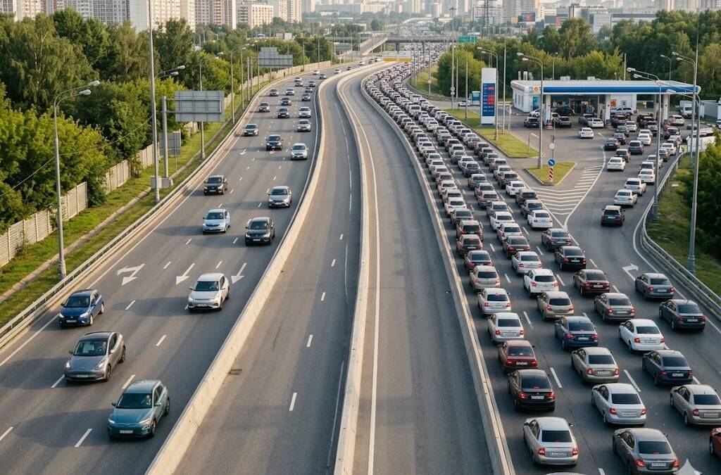 Дорога с пробкой в Москве электромобили и гибриды