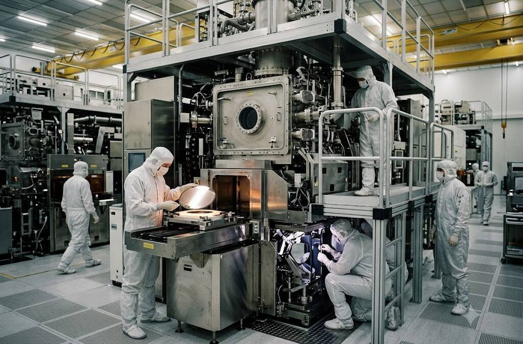 Рабочие в чистых костюмах проводят обслуживание микросхемного оборудования ASML