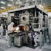 Рабочие в чистых костюмах проводят обслуживание микросхемного оборудования ASML