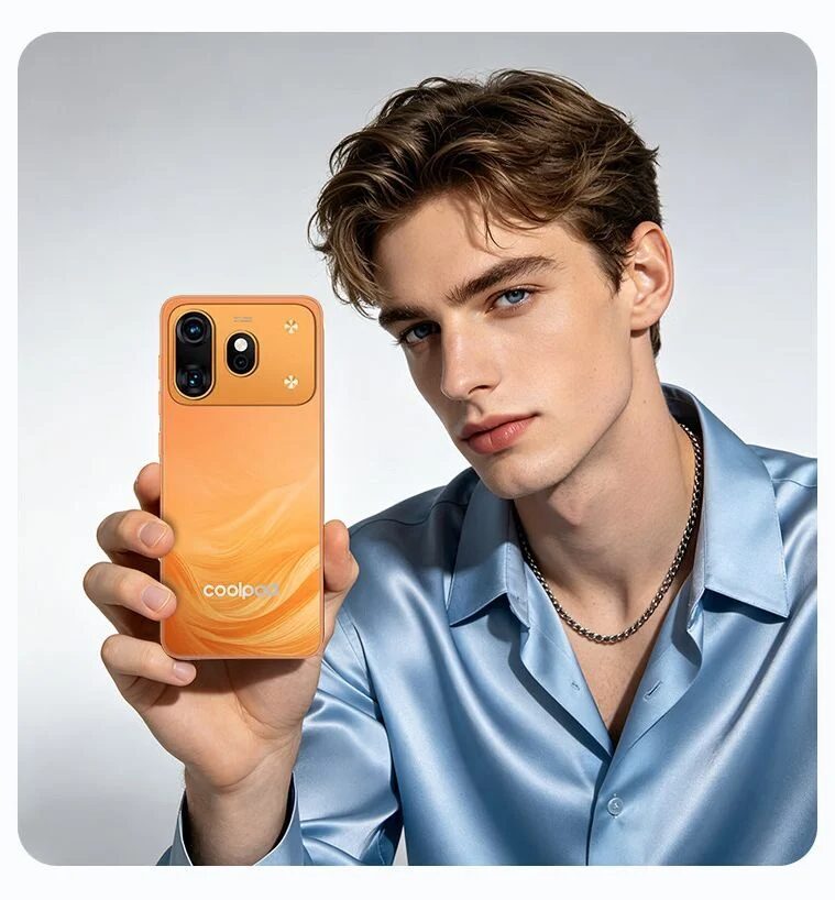 Молодой человек держит оранжевый Coolpad Cool 80 смартфон
