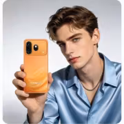 Молодой человек держит оранжевый Coolpad Cool 80 смартфон