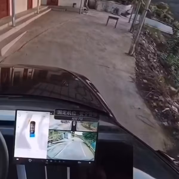 Вид со салона Tesla FSD за рулём показывает задний обзор по серпантину