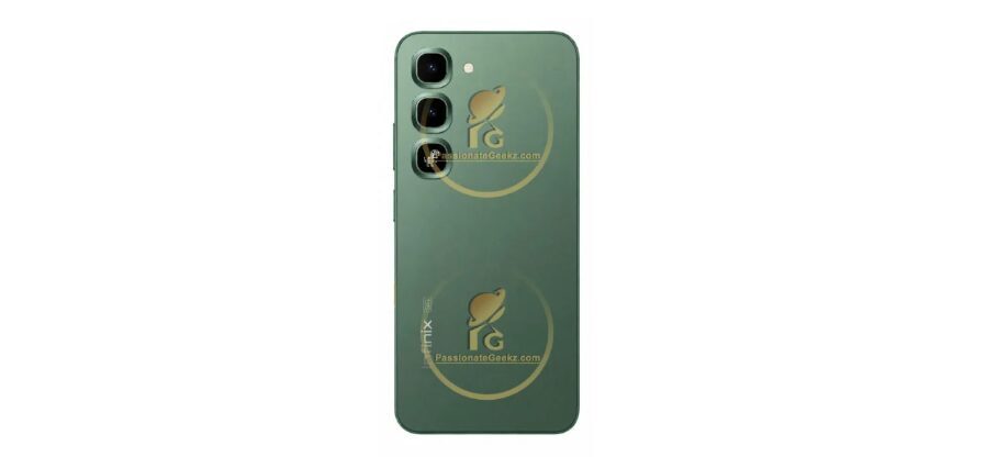 Задняя часть смартфона Infinix Hot 70 Pro 5G зеленого цвета три камеры логотипы