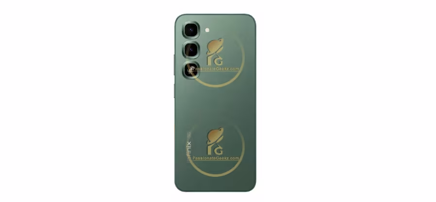 Задняя часть смартфона Infinix Hot 70 Pro 5G зеленого цвета три камеры логотипы