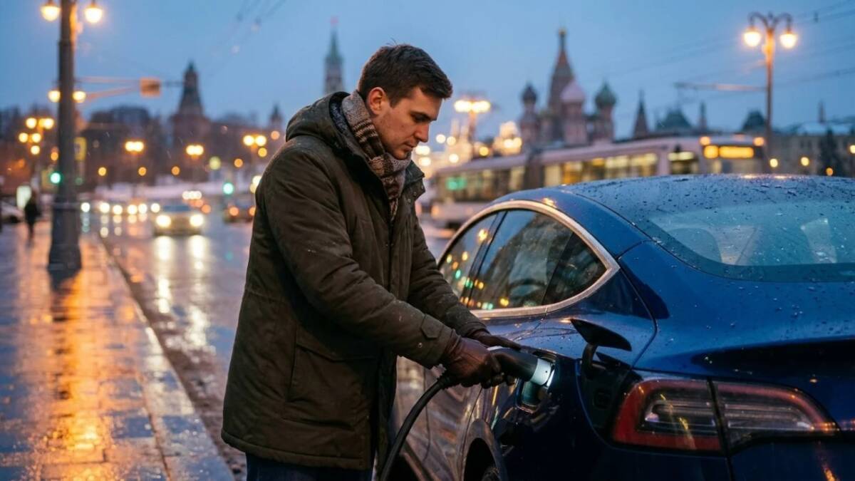 Мужчина заряжает электромобиль в дождливый вечер